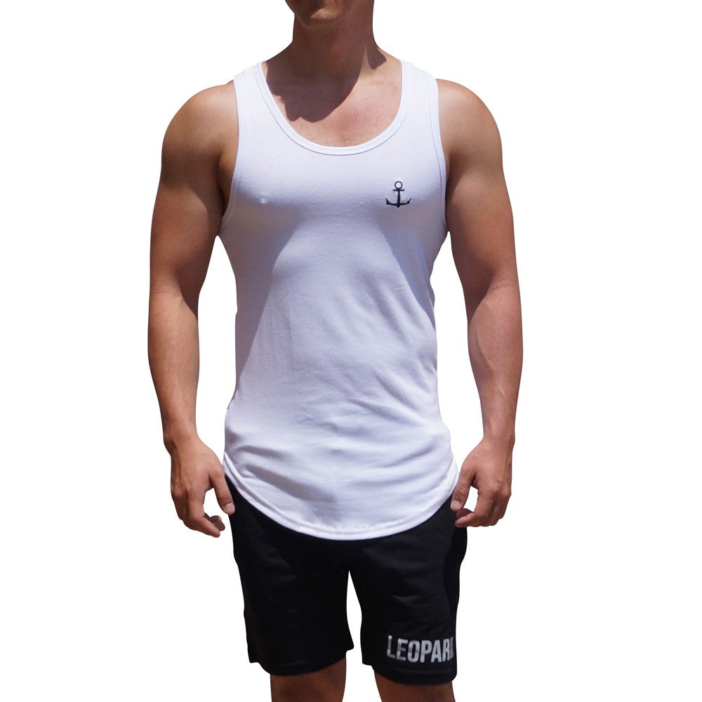 Gym Core Tank Blanca Ancla Negra Bordada