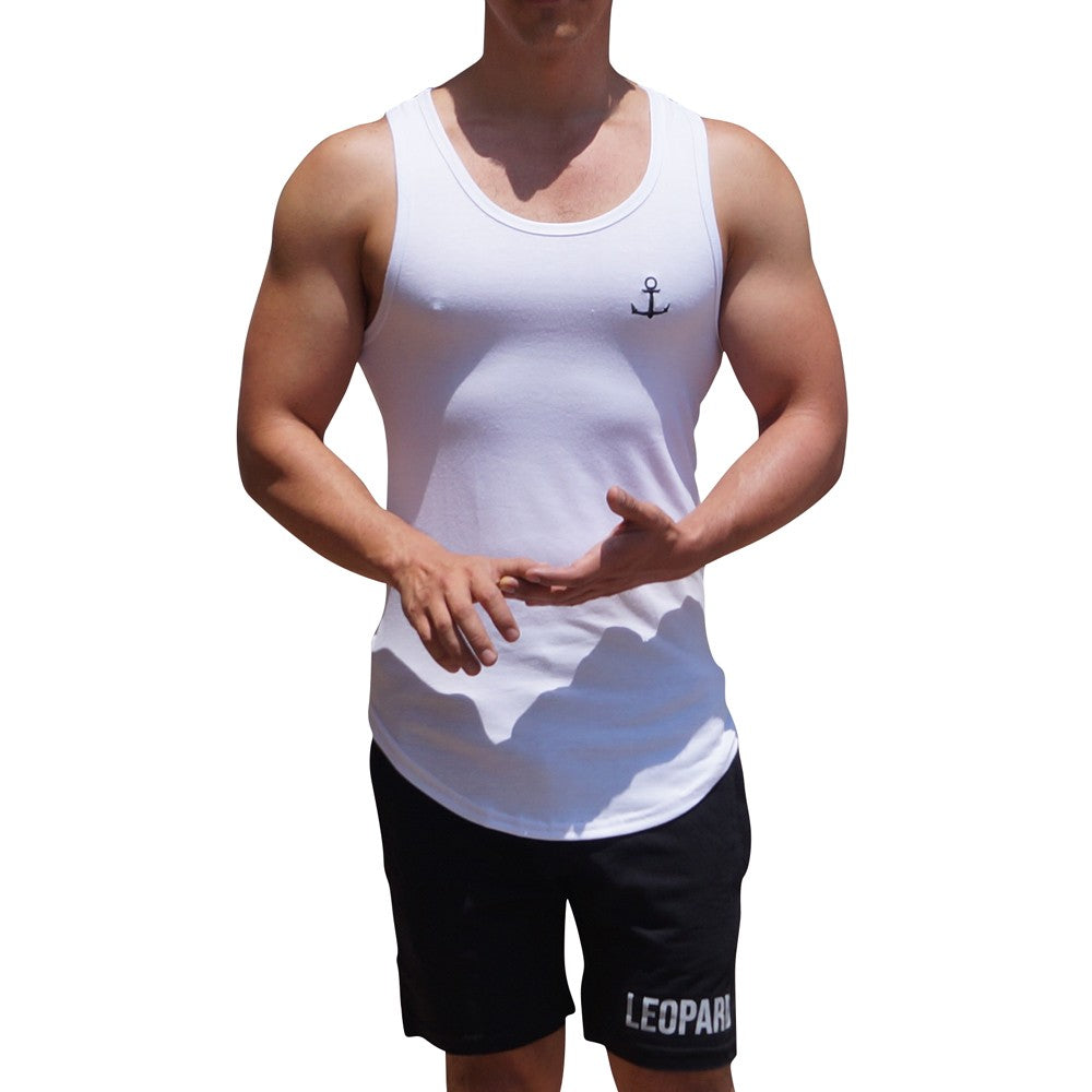 Gym Core Tank Blanca Ancla Negra Bordada