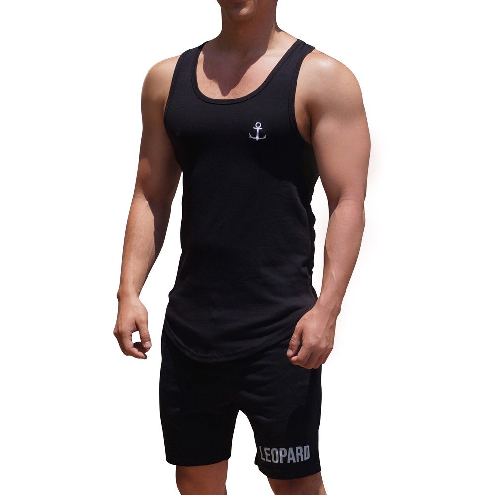 Gym Core Tank Negra Ancla Blanca Bordada