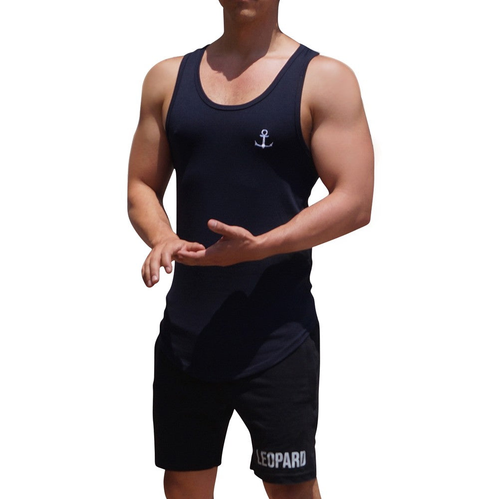 Gym Core Tank Navy Embroidered White Anchor