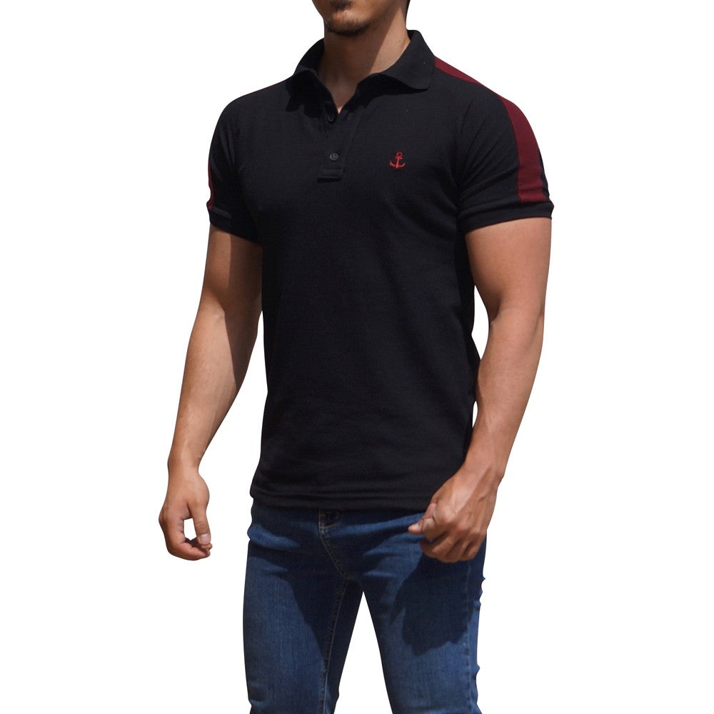 Polo Ranglan Negra Mangas Negro Logo Vino