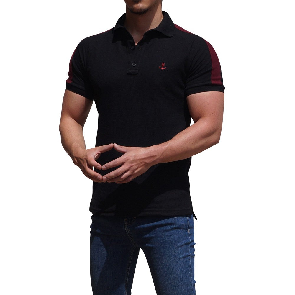 Polo Ranglan Negra Mangas Negro Logo Vino