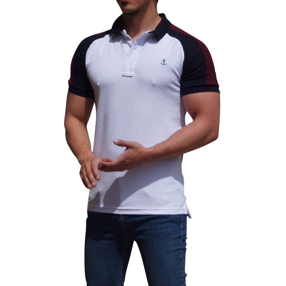 White Raglan Polo Navy Sleeves Navy Logo