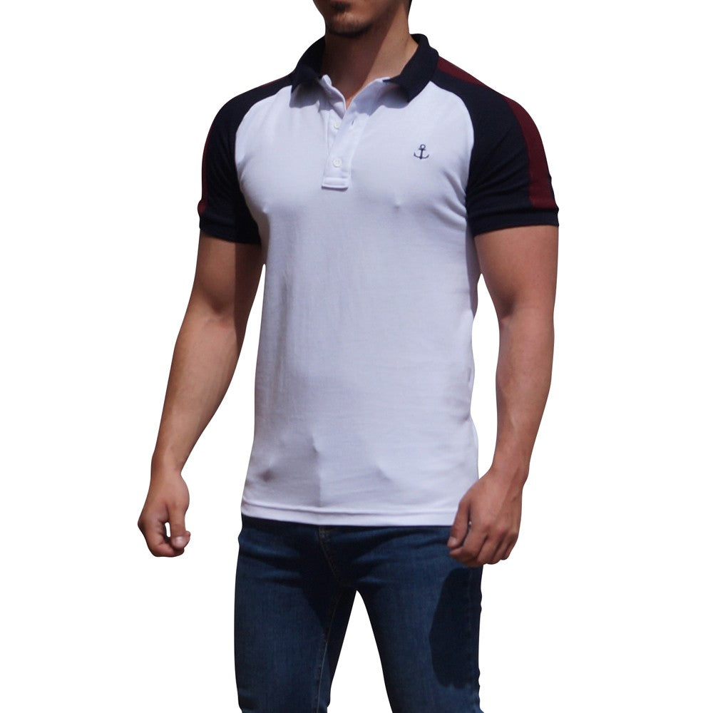 Polo Ranglan Blanca Mangas Marino Logo Marino