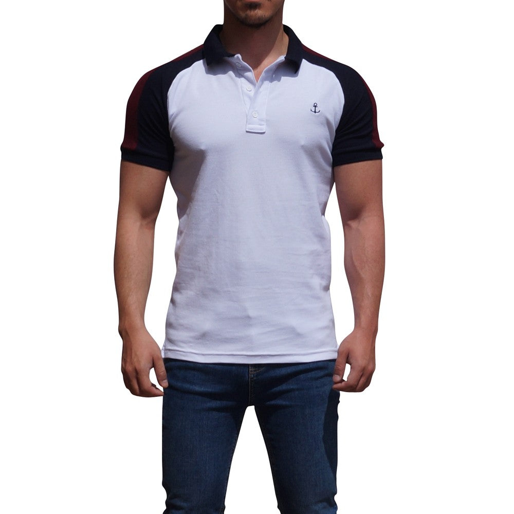 White Raglan Polo Navy Sleeves Navy Logo