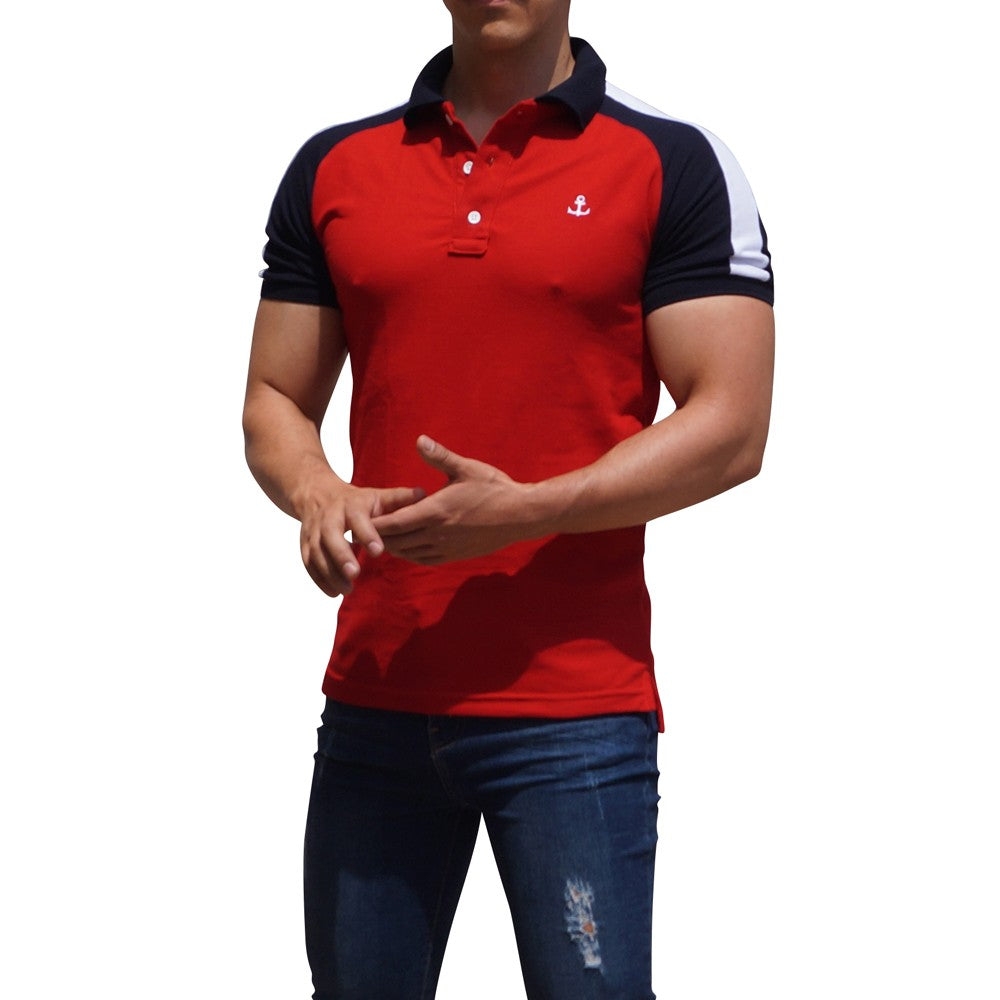 Red Raglan Polo Navy Sleeves White Logo