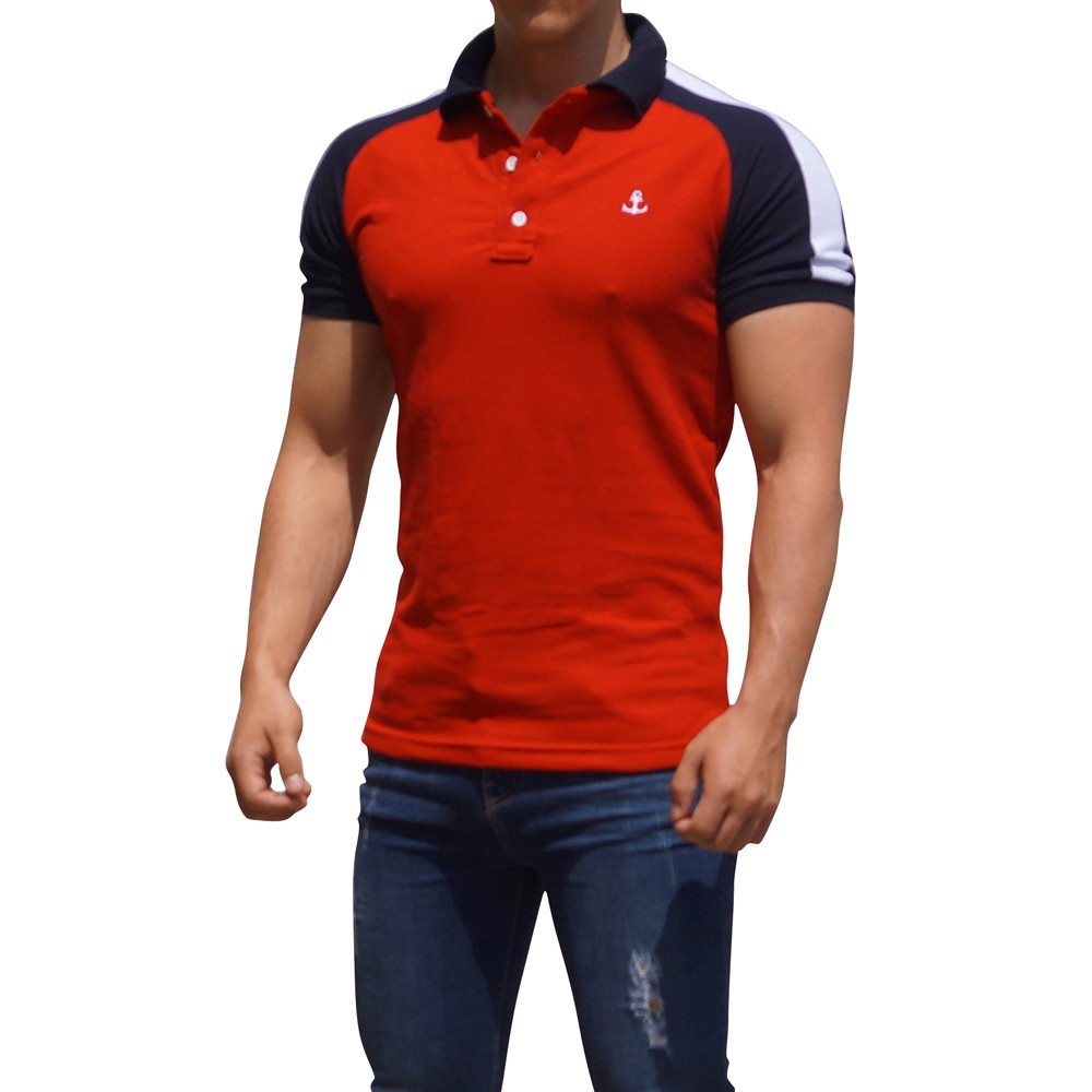 Red Raglan Polo Navy Sleeves White Logo