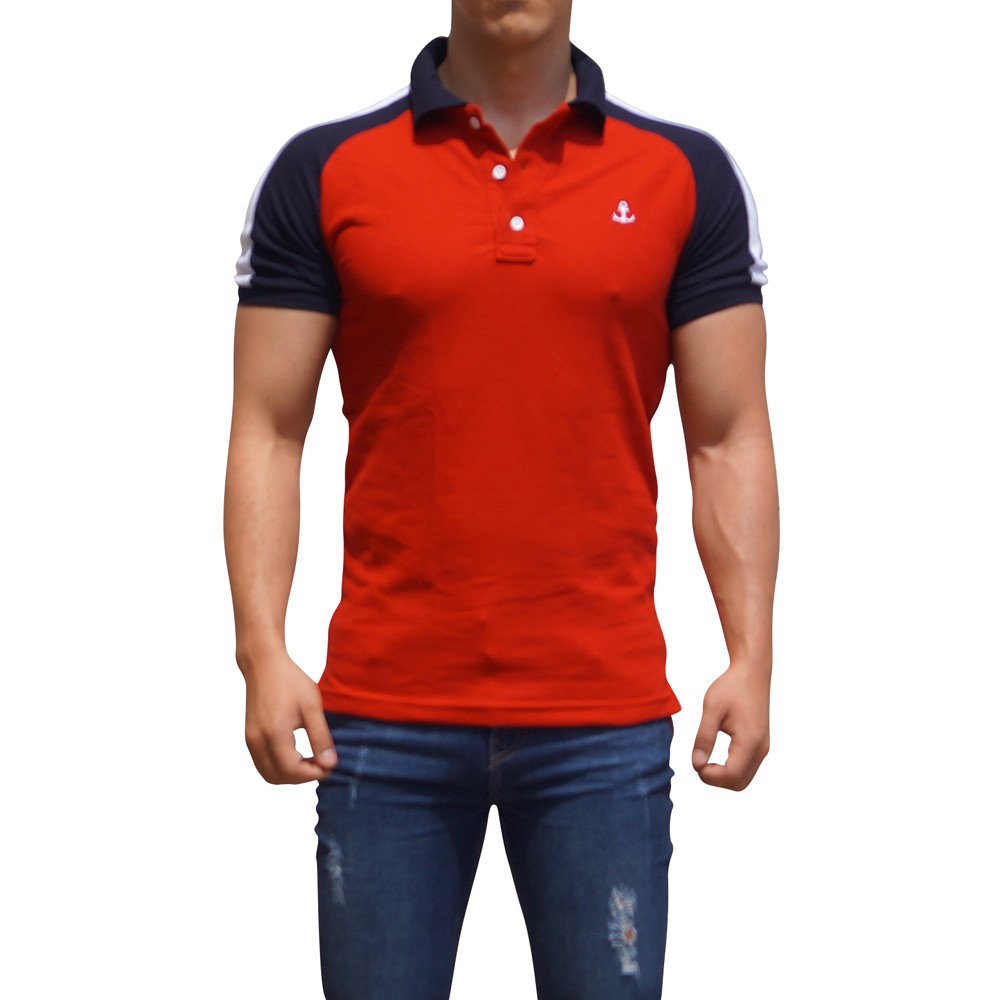 Red Raglan Polo Navy Sleeves White Logo
