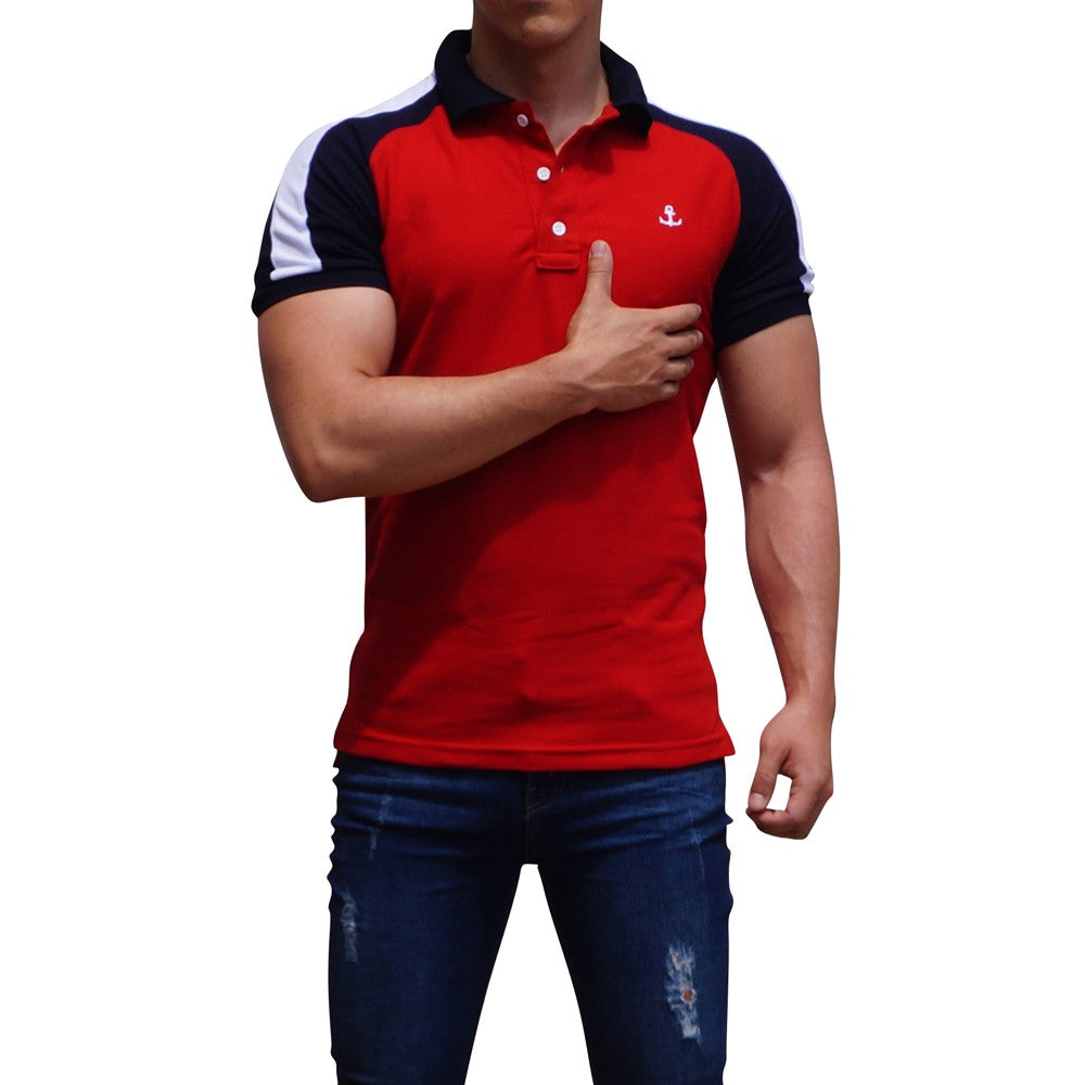 Red Raglan Polo Navy Sleeves White Logo
