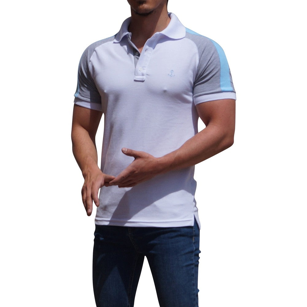 White Raglan Polo with Jasper Gray Sleeves Sky Blue Logo