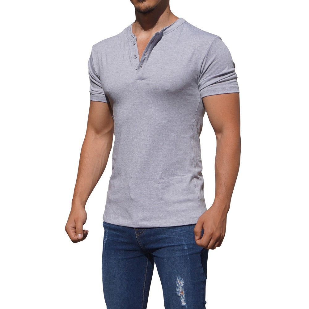Playera Henley Manga Corta Gris Claro