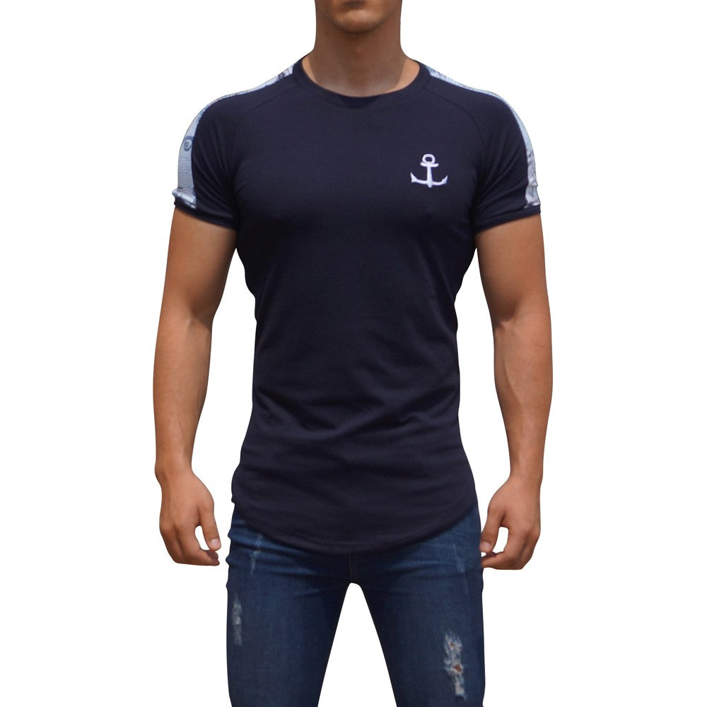 Navy Ranglan Short Sleeve Dragon Stripe T-Shirt