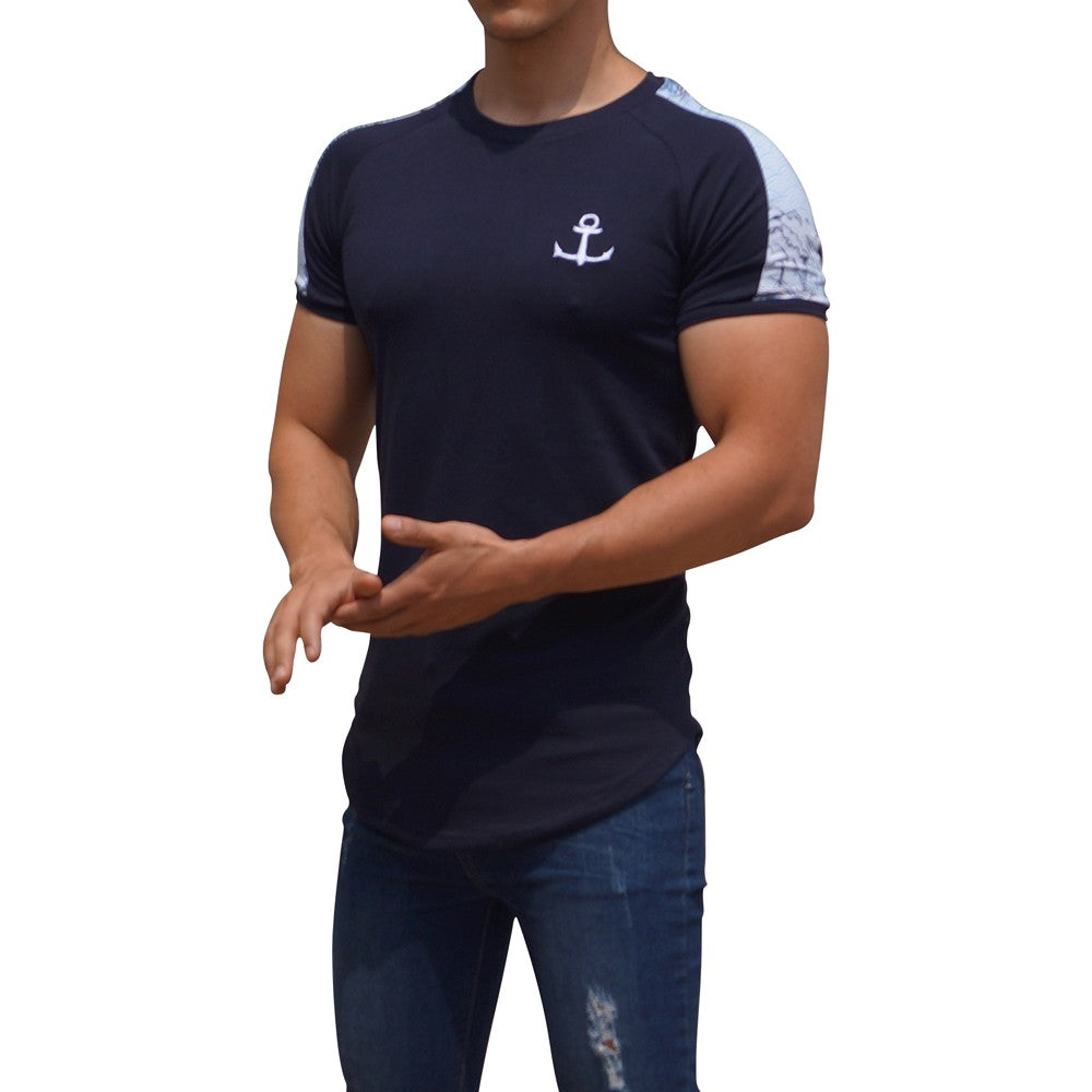 Navy Ranglan Short Sleeve Dragon Stripe T-Shirt