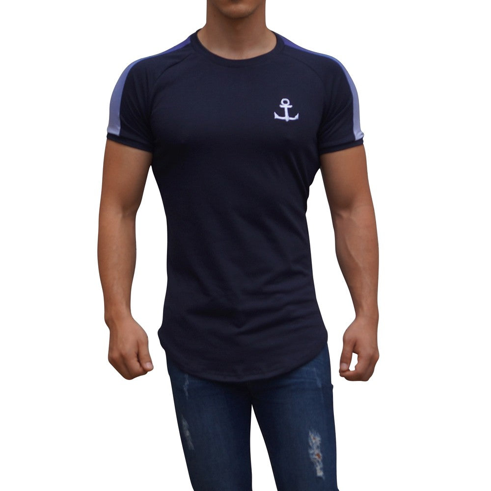 Navy Ranglan Short Sleeve Gradient Stripe T-Shirt