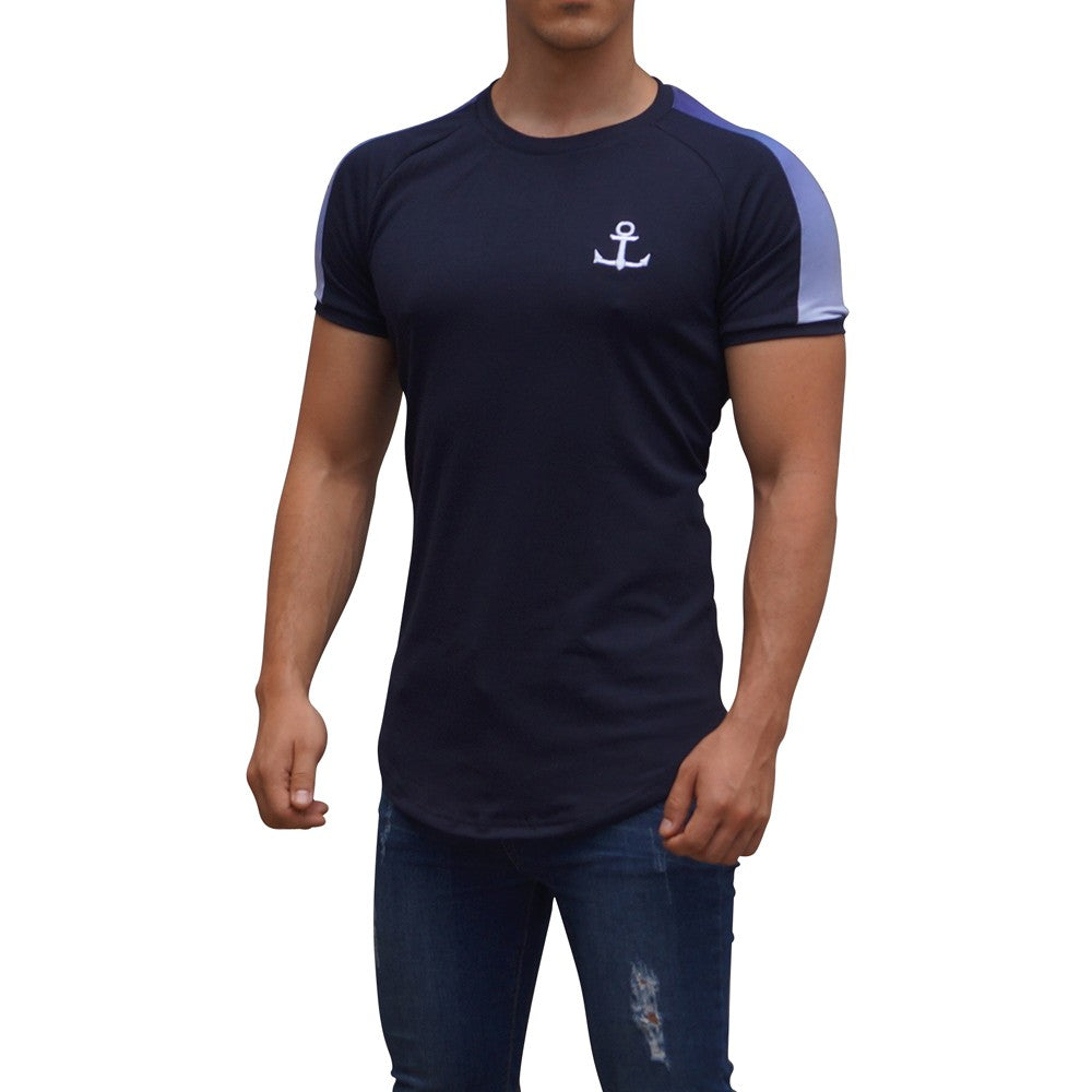 Navy Ranglan Short Sleeve Gradient Stripe T-Shirt