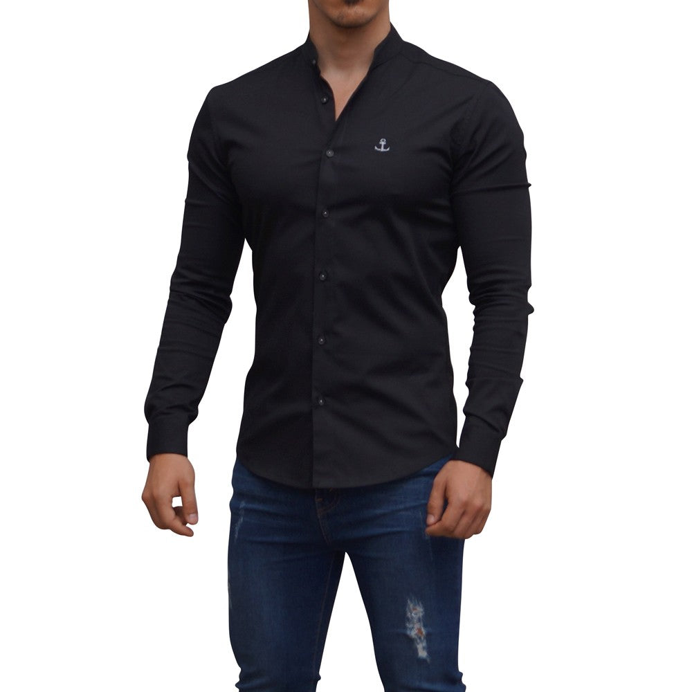 Camisa Negra Cuello Mao Manga Larga Negro