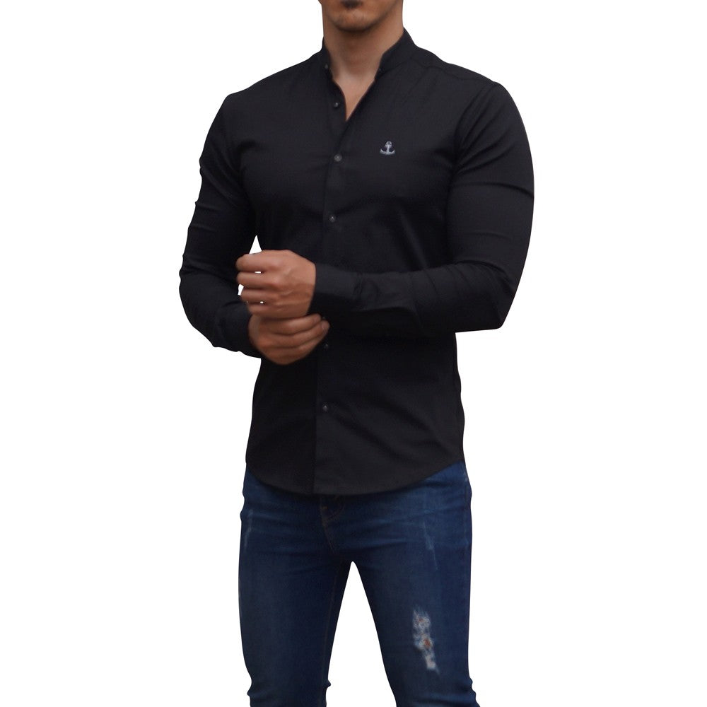 Camisa Negra Cuello Mao Manga Larga Negro