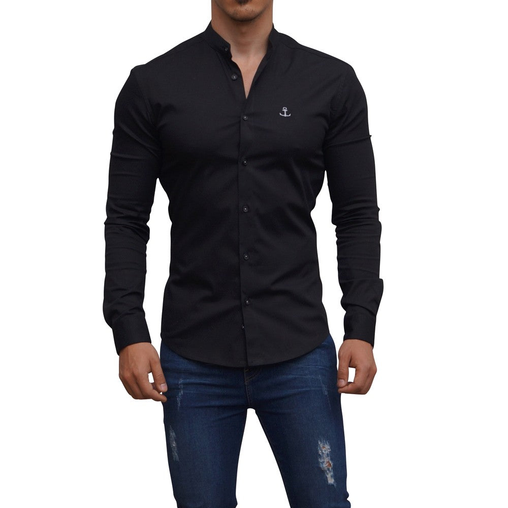 Camisa Negra Cuello Mao Manga Larga Negro