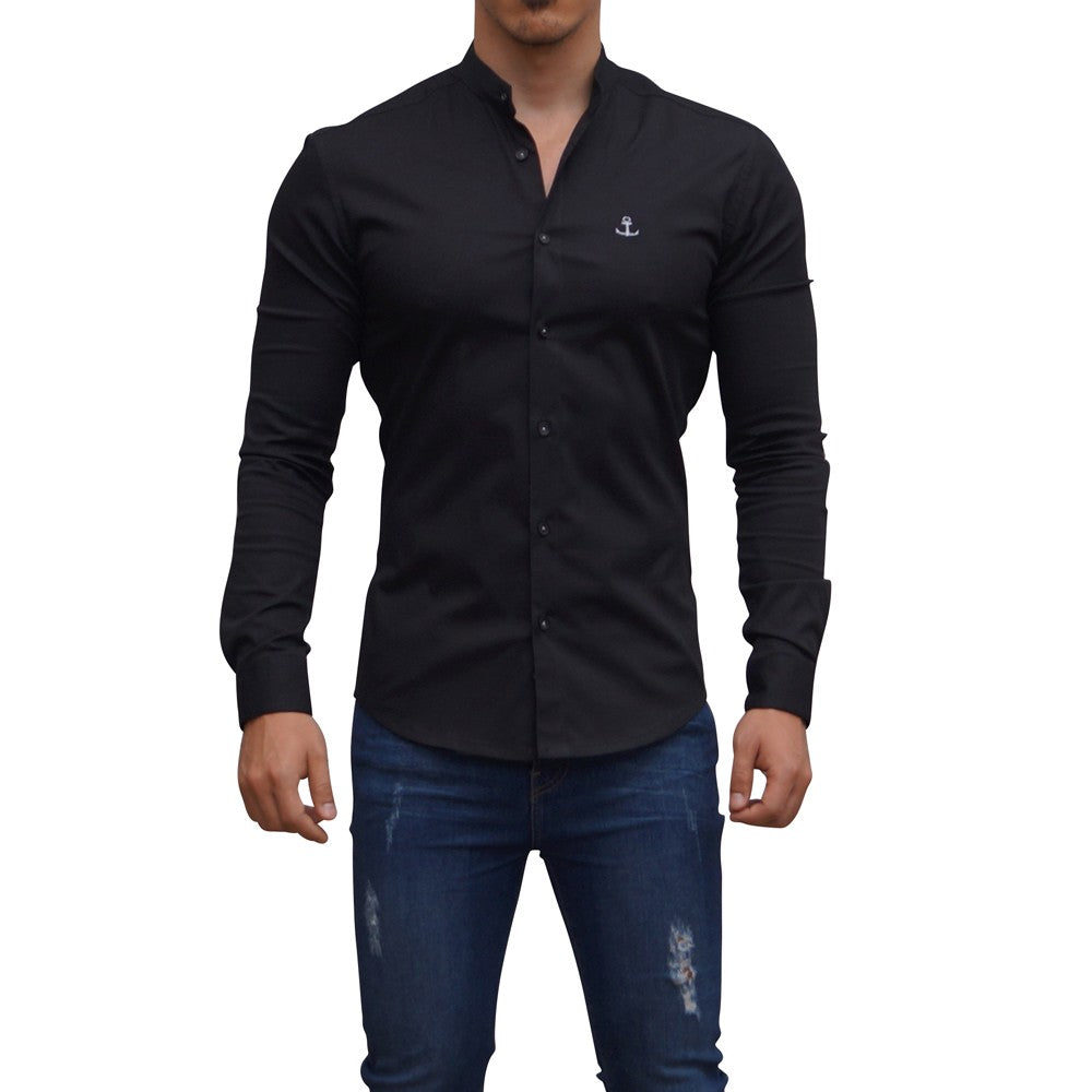 Camisa Negra Cuello Mao Manga Larga Negro