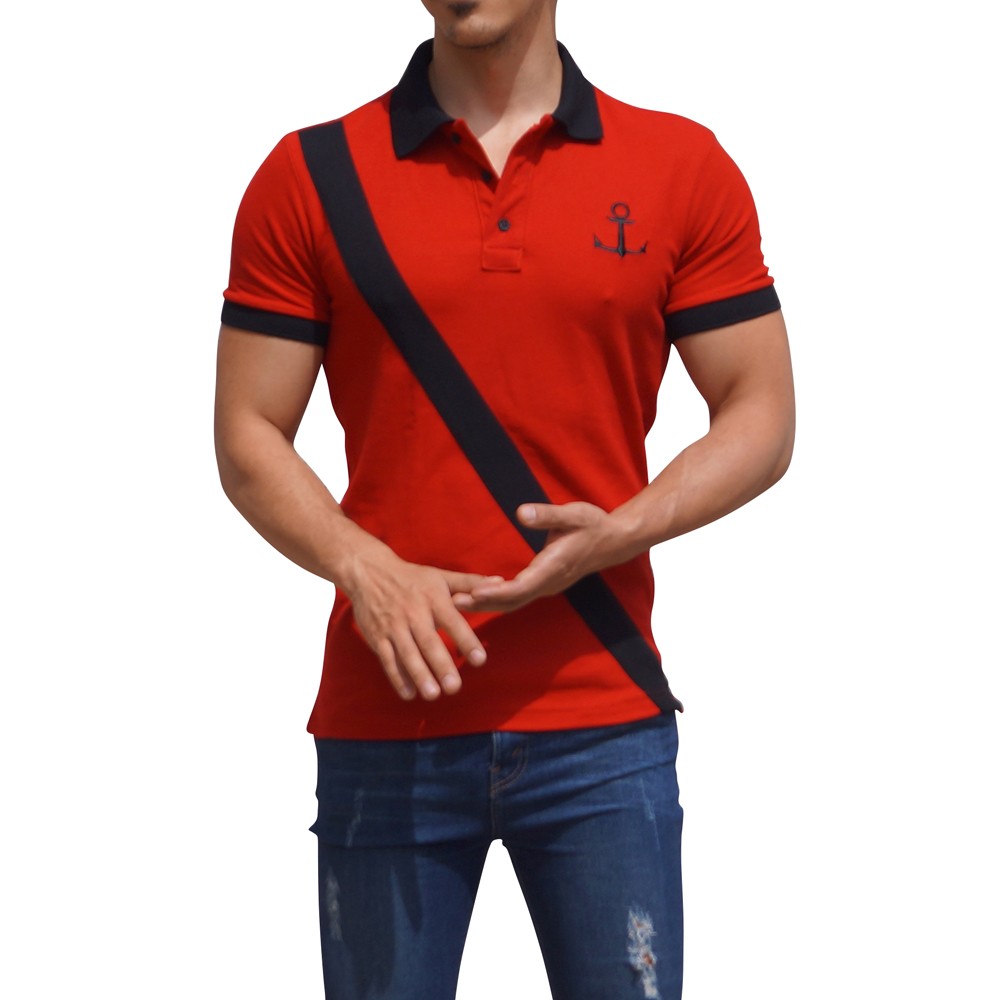 Polo Rojo Mangas Rojo Franja Negra Logo Negro