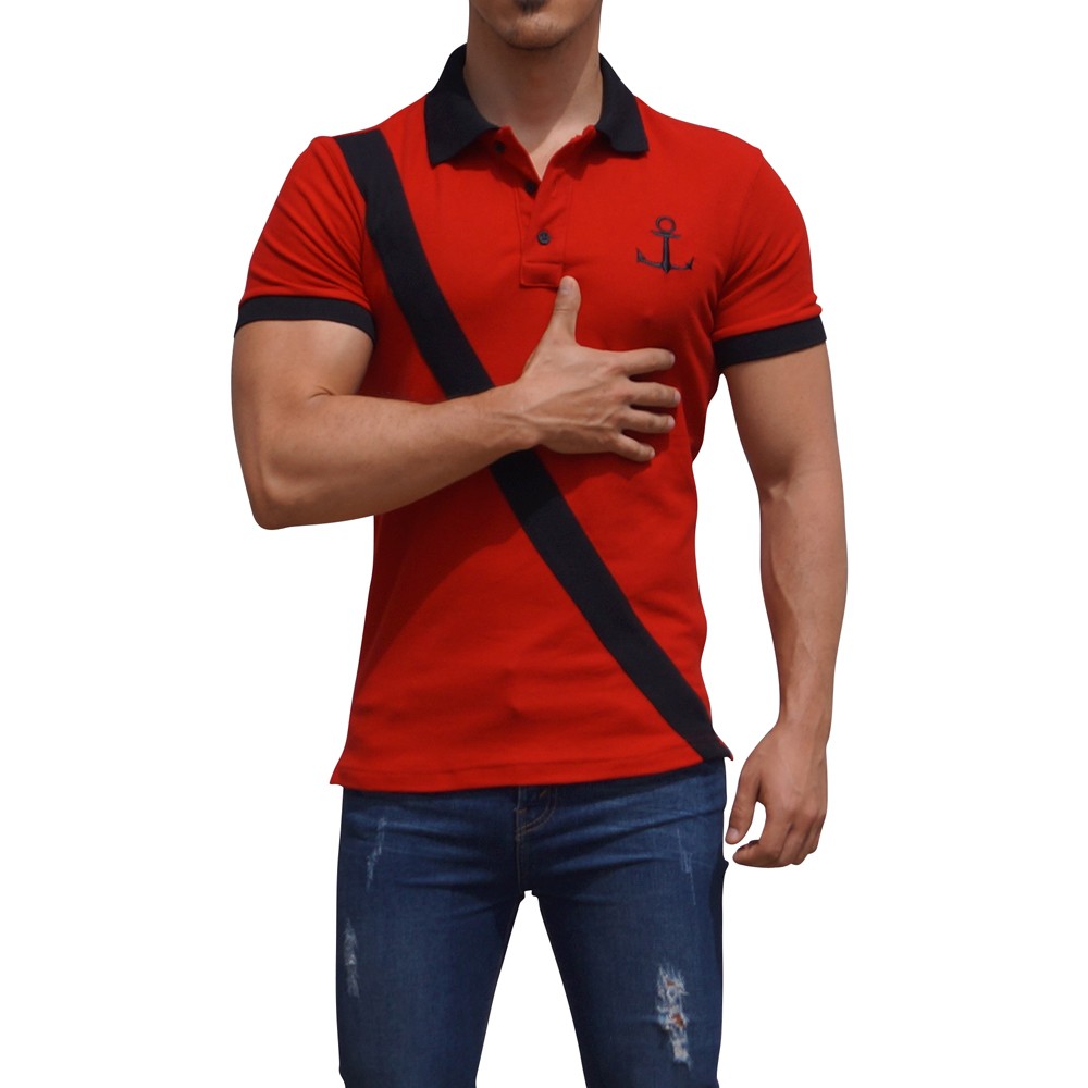 Polo Rojo Mangas Rojo Franja Negra Logo Negro
