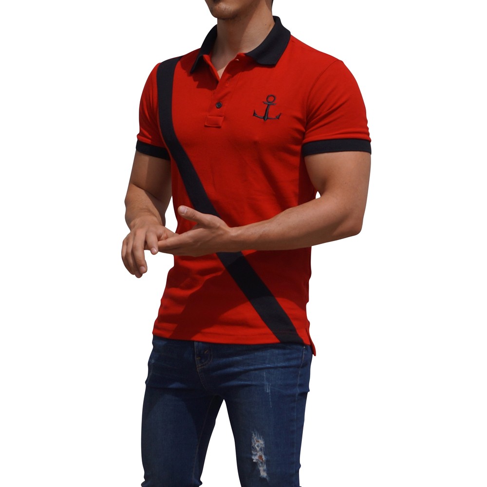 Polo Rojo Mangas Rojo Franja Negra Logo Negro