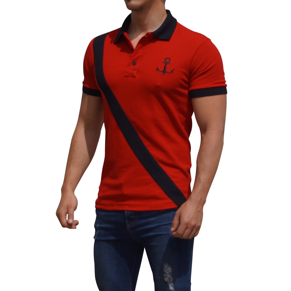 Polo Rojo Mangas Rojo Franja Negra Logo Negro