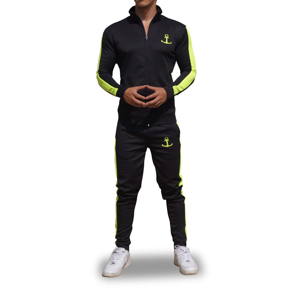 Elite Track Suit Pants Black Stripe Neon Yellow