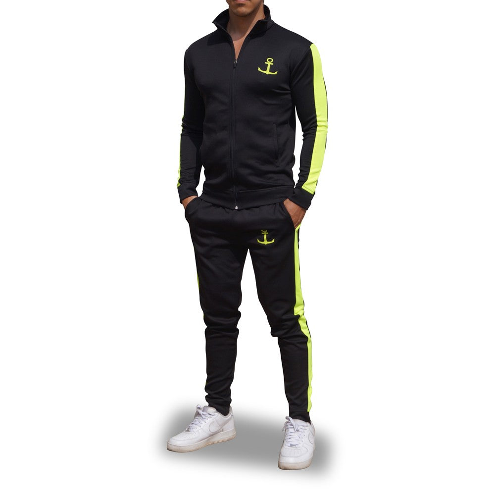 Elite Track Suit Pants Black Stripe Neon Yellow