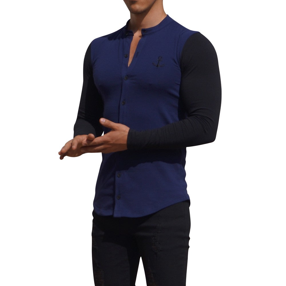 Grandad Jersey Shirt Navy Long Sleeve Black