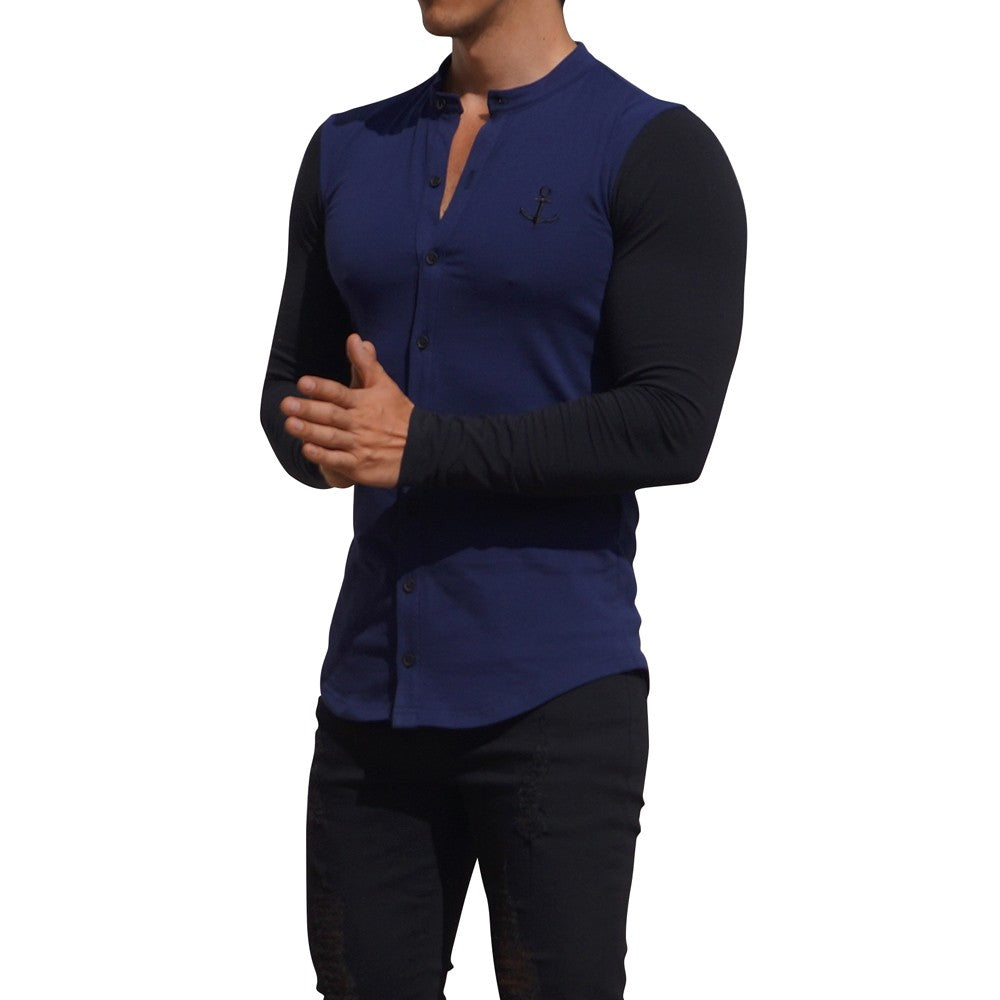 Grandad Jersey Shirt Navy Long Sleeve Black