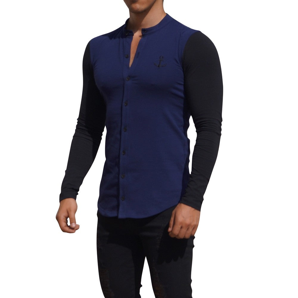 Grandad Jersey Shirt Navy Long Sleeve Black
