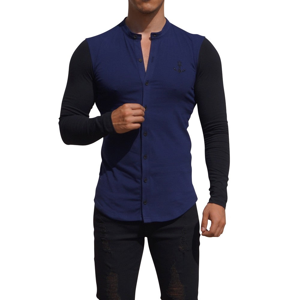 Grandad Jersey Shirt Navy Long Sleeve Black