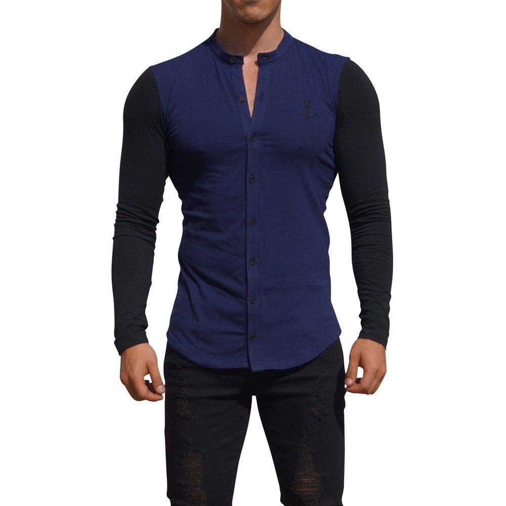 Grandad Jersey Shirt Navy Long Sleeve Black