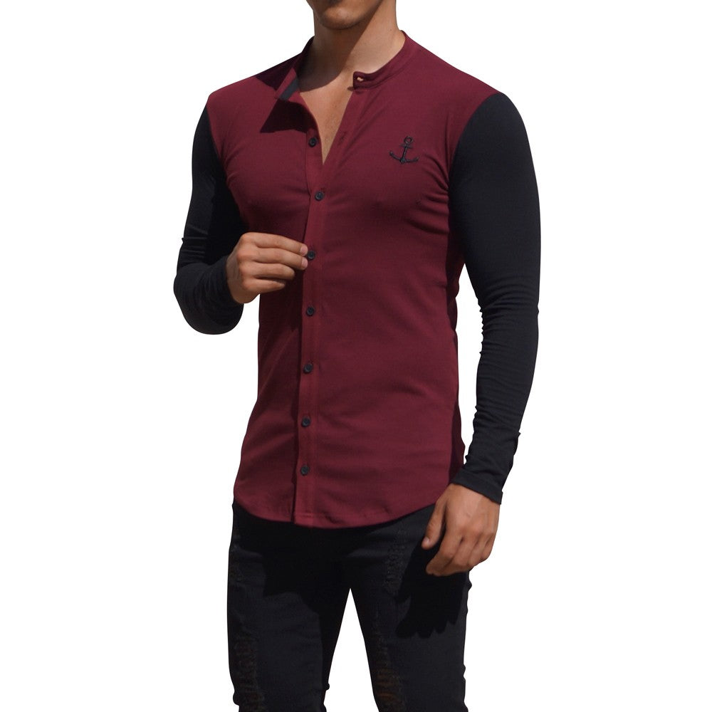 Grandad Jersey Shirt Wine Long Sleeve Black