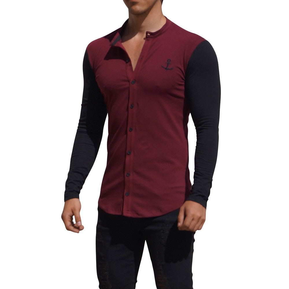Grandad Jersey Shirt Wine Long Sleeve Black