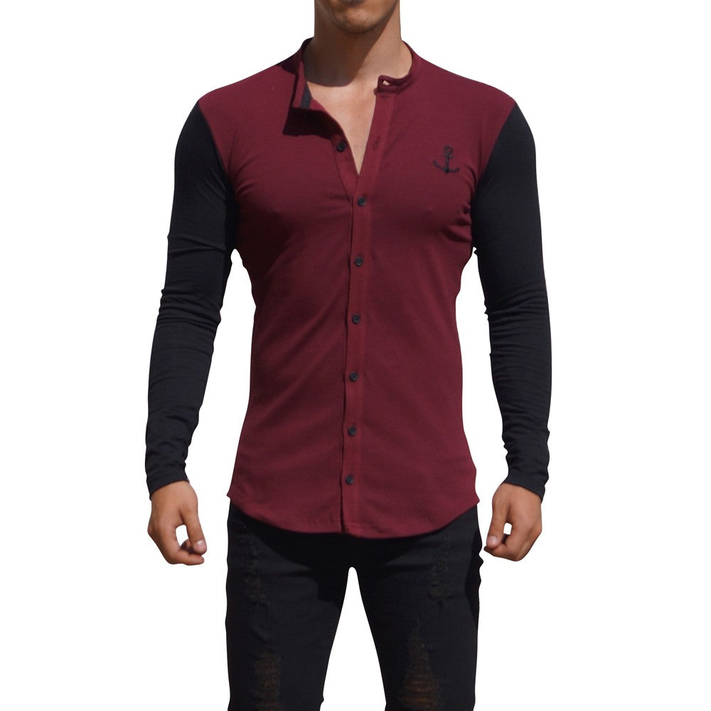 Grandad Jersey Shirt Wine Long Sleeve Black