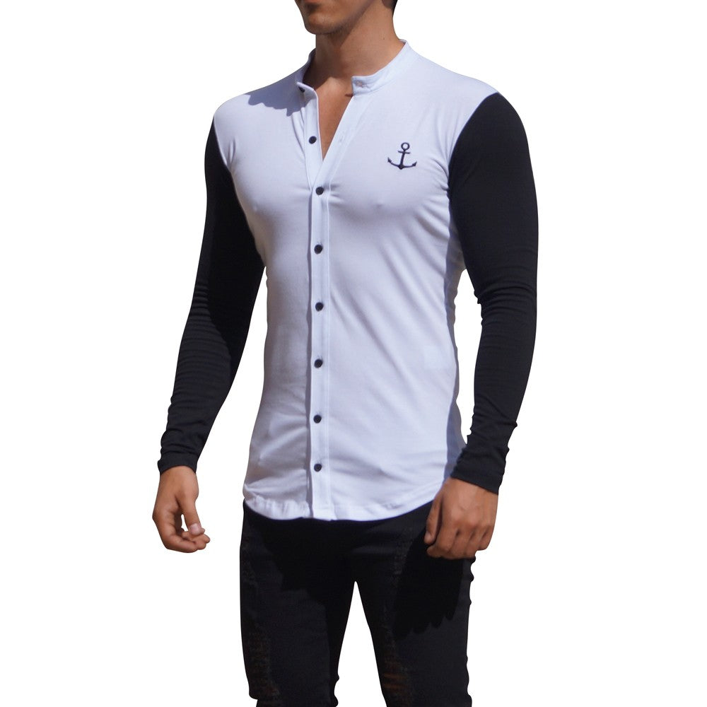 Grandad Jersey Shirt White Long Sleeve Black
