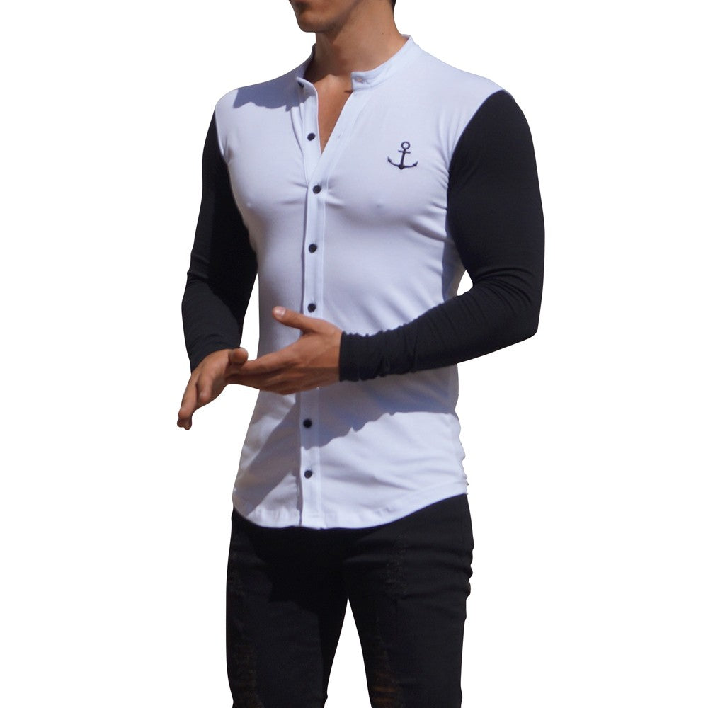 Grandad Jersey Shirt White Long Sleeve Black