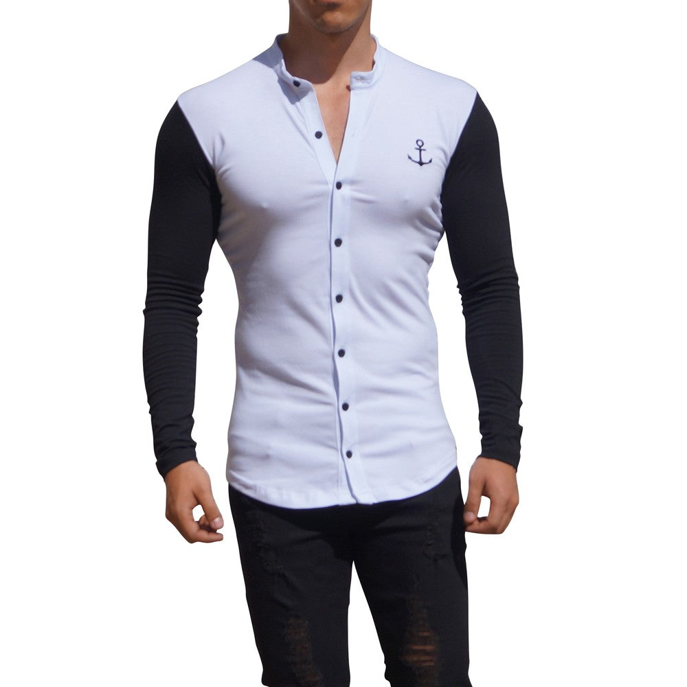 Grandad Jersey Shirt White Long Sleeve Black