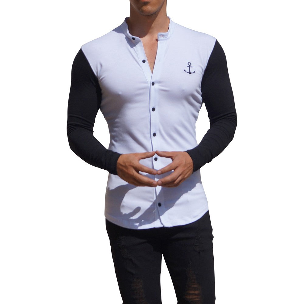 Grandad Jersey Shirt White Long Sleeve Black