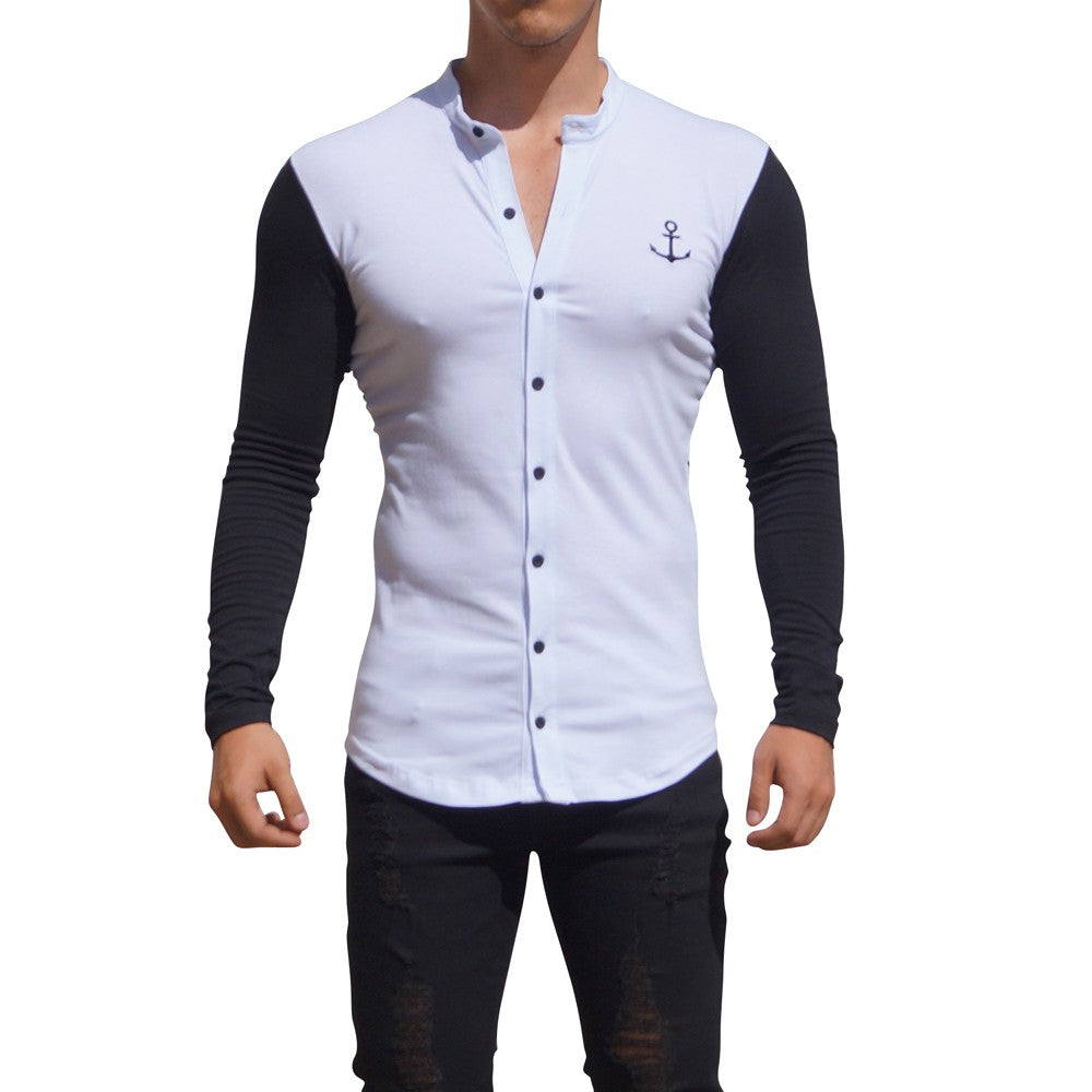 Grandad Jersey Shirt White Long Sleeve Black