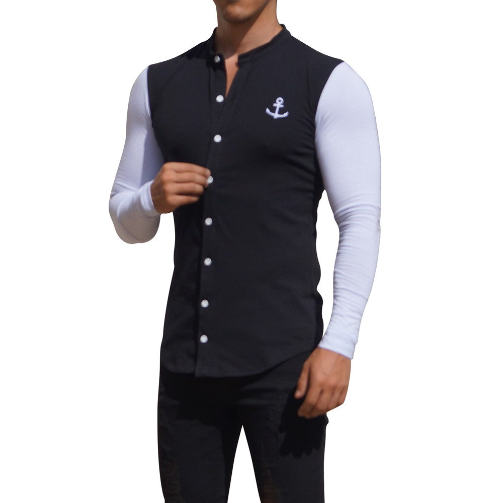 Grandad Jersey Shirt Black Long Sleeve White