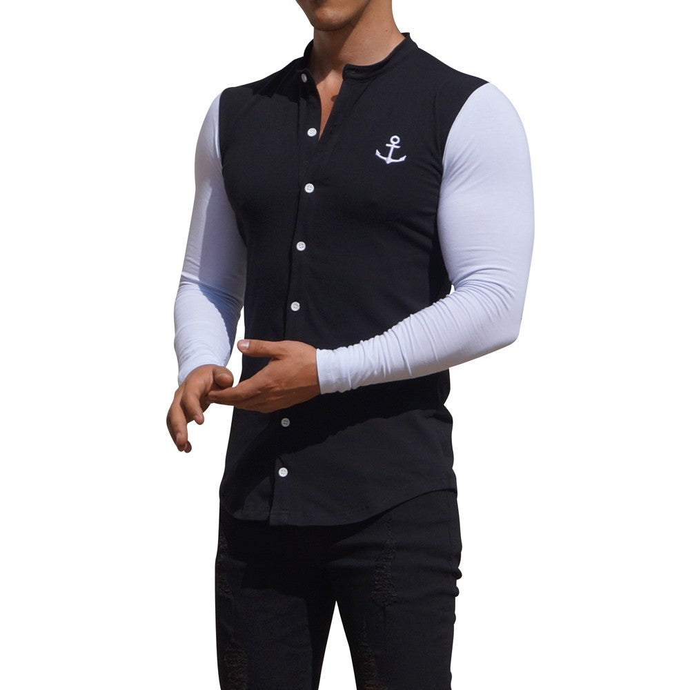 Grandad Jersey Shirt Black Long Sleeve White