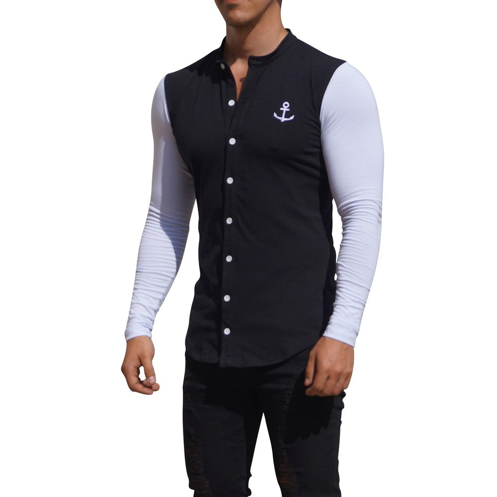 Grandad Jersey Shirt Black Long Sleeve White
