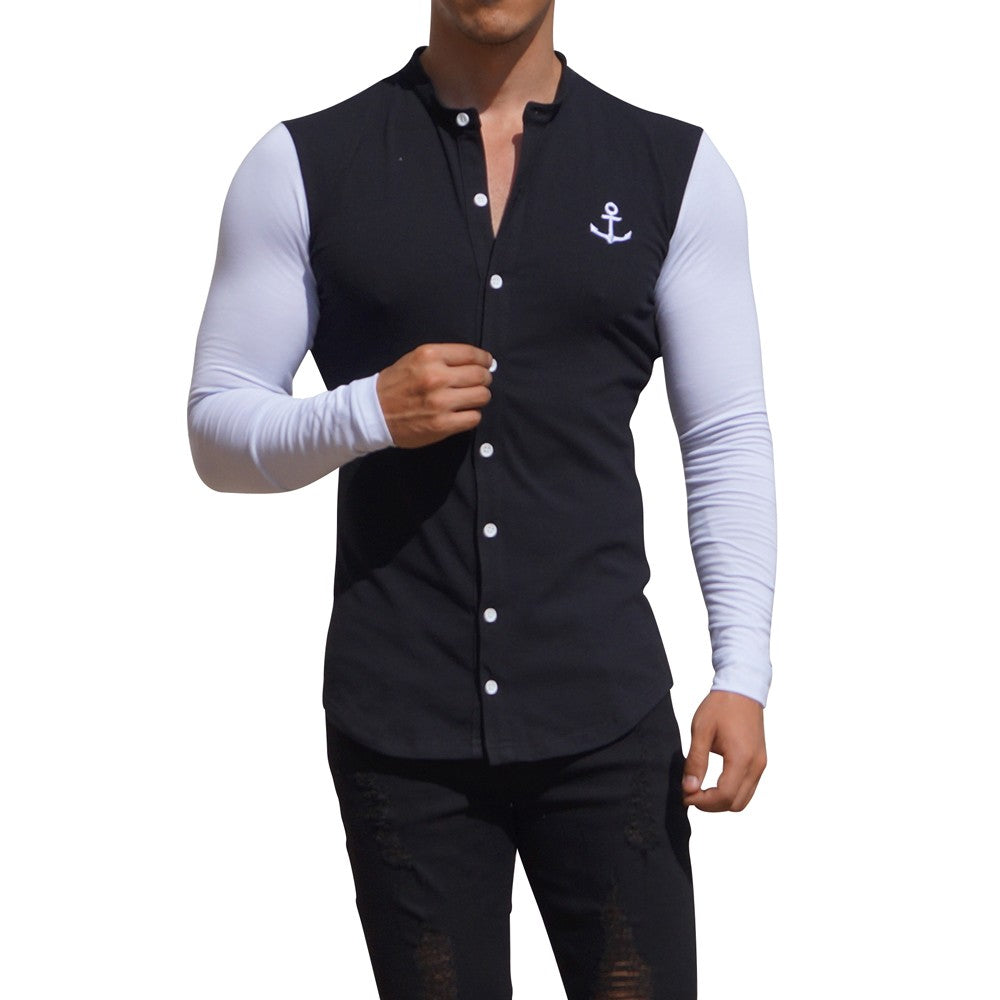 Grandad Jersey Shirt Black Long Sleeve White