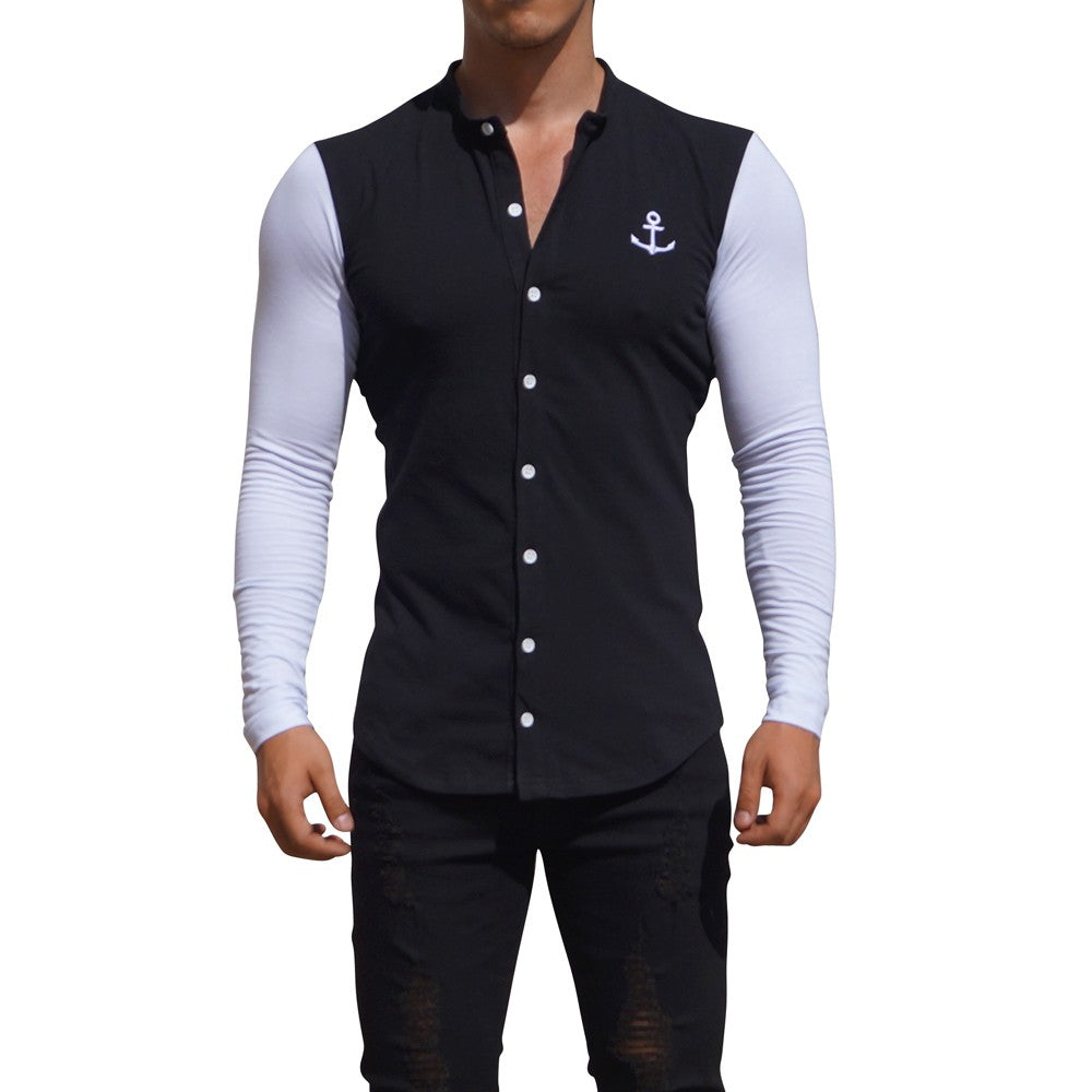 Grandad Jersey Shirt Black Long Sleeve White
