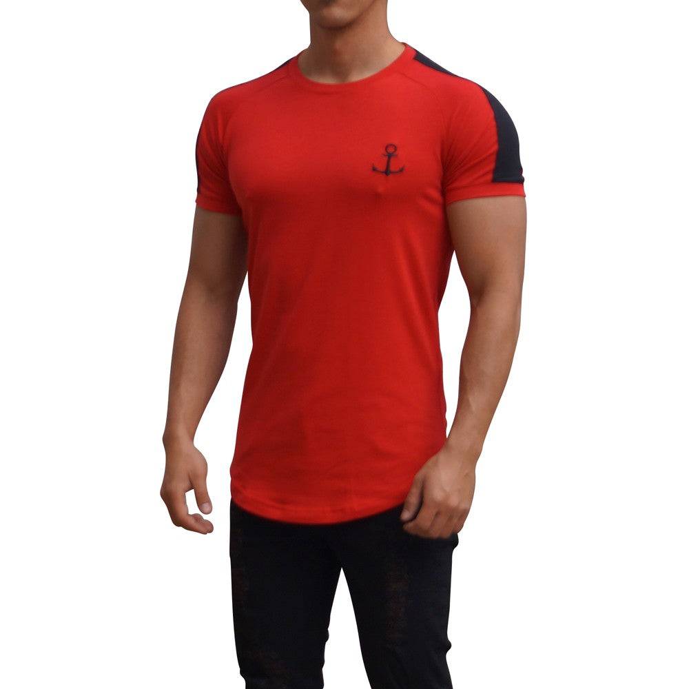 Playera Ranglan Roja Manga Corta Franja Negra