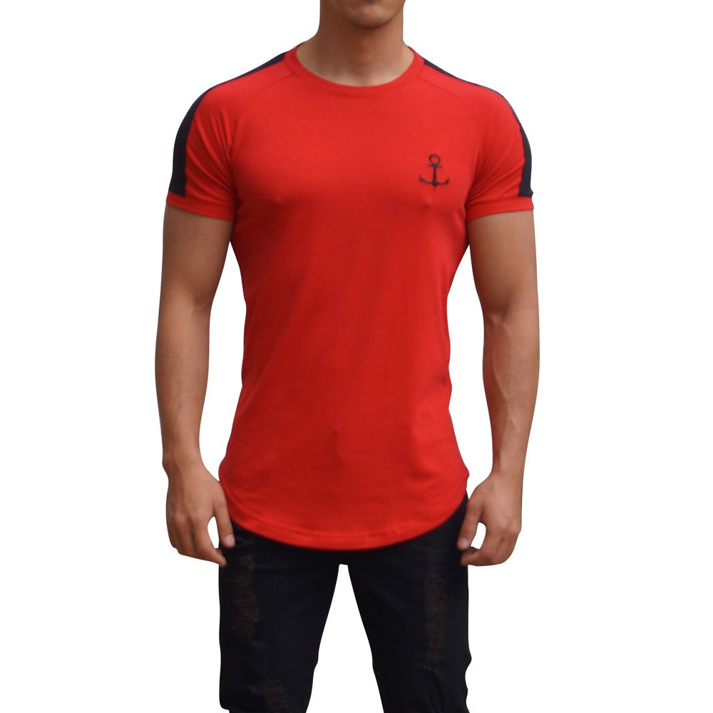 Playera Ranglan Roja Manga Corta Franja Negra