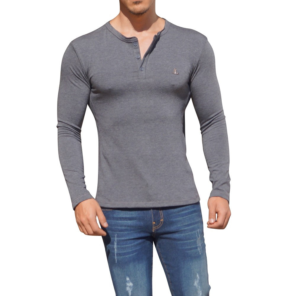 Metal Emblem Oxford Long Sleeve Henley T-Shirt